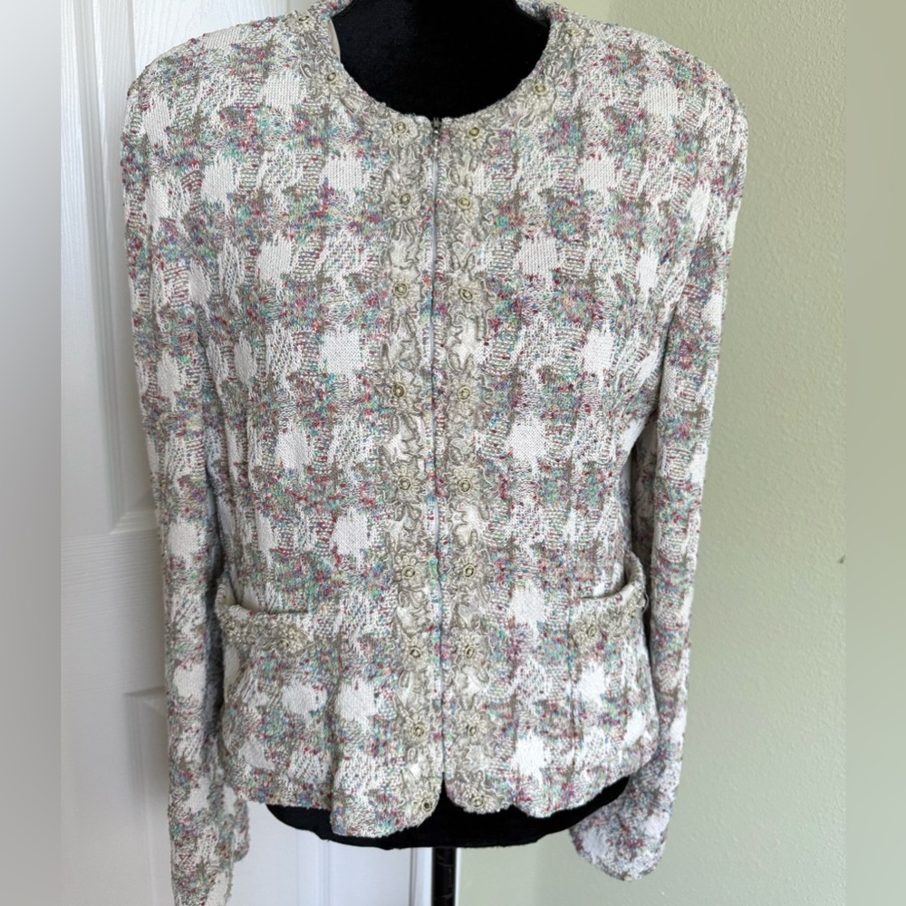 St. John Couture Tweed Plaid with Pearl Gold Lace Trim Boucle Jacket Blazer